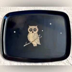 Vtg 1960’s Couroc of Monterey Serving Tray Inlaid w an Owl & Sparkly Stars